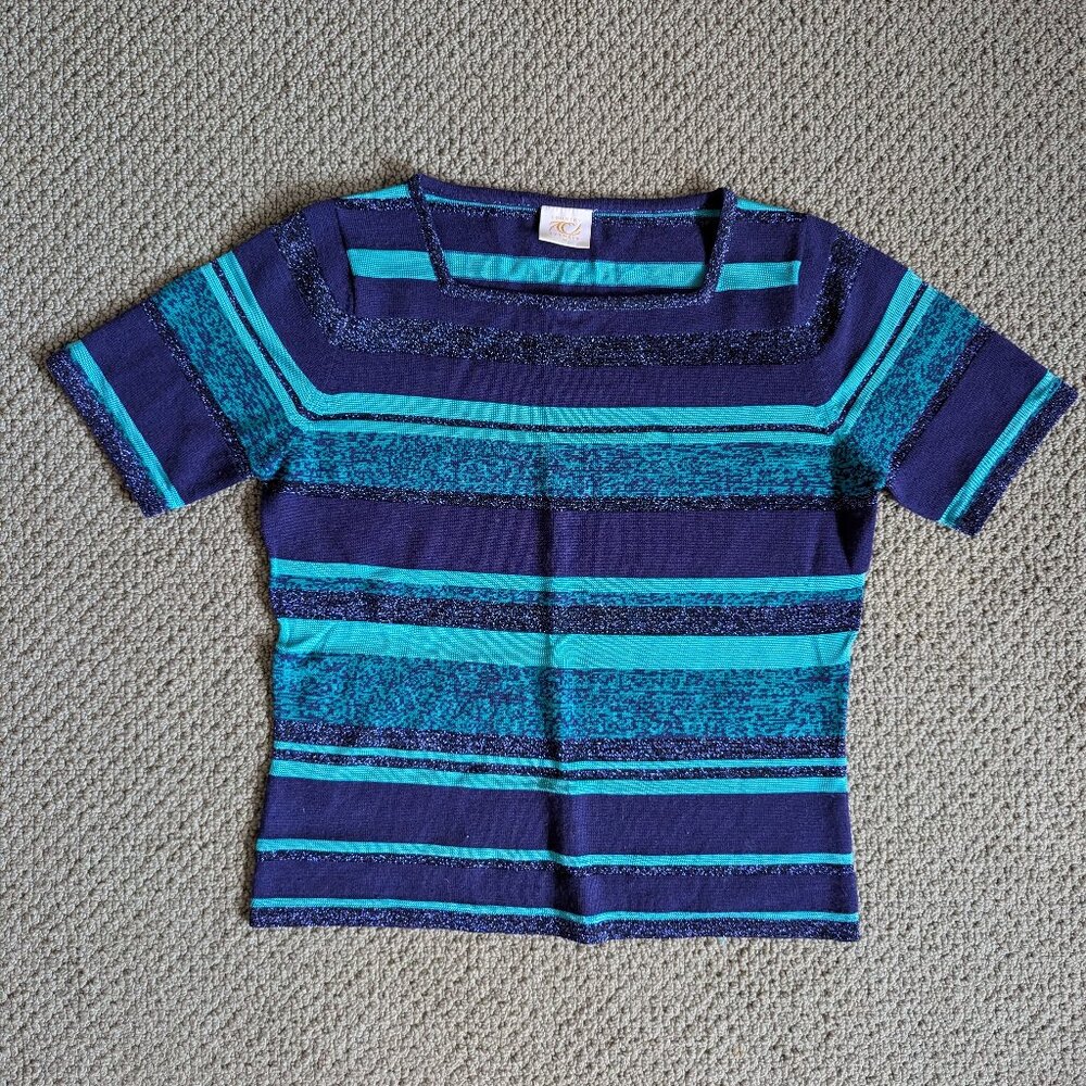 Retro Striped Knit Top – Navy Blue & Teal with some glitter, Wool mix, Size M